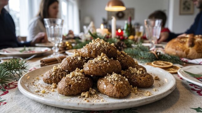 Glazed melomakarona cookies form sweet pyramid on round ceramic platter. Fragrant Greek confections sprinkled with walnut pieces enhance joyful festive mood around decorated holiday feast table.