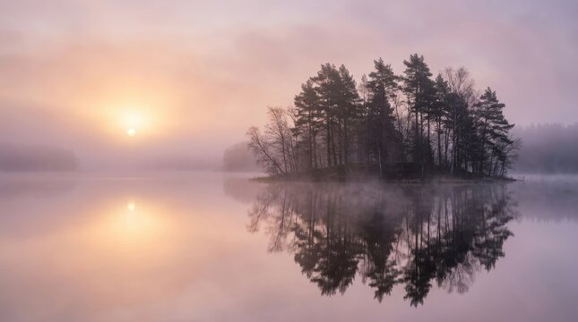 Misty lake sunrise landscape with pine tree island reflection, a calm foggy morning scene with a small wooded peninsula of tall pines and bare trees mirrored in still water. Soft golden sun glows