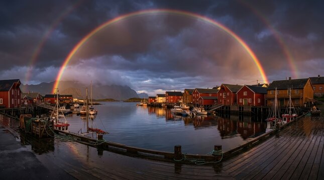 Rainbow arching over a harbor with red wooden buildings at stormy dusk. A vivid double arc spans dark clouds above a still bay, while wet quay planks and colorful waterfront houses reflect in the
