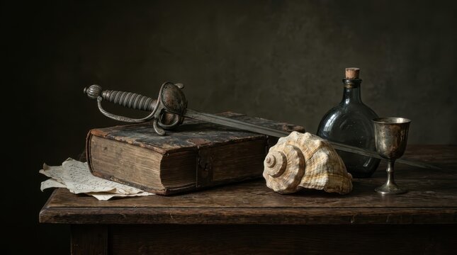 Dark antique still life with shell, glass bottles and a sword on a book, moody photography. A conch shell, glass flask, small goblet and old tome sit on a wooden table in low light with muted brown