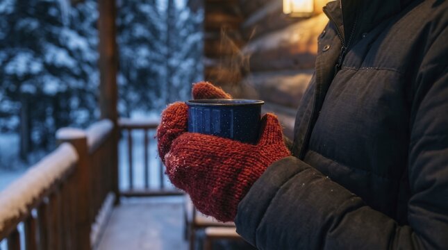 Warm beverage mug held by hands wearing red knitted mittens provides soothing winter refreshment. Person holding steaming drink savors quiet comfort beside rustic snow covered cabin porch.