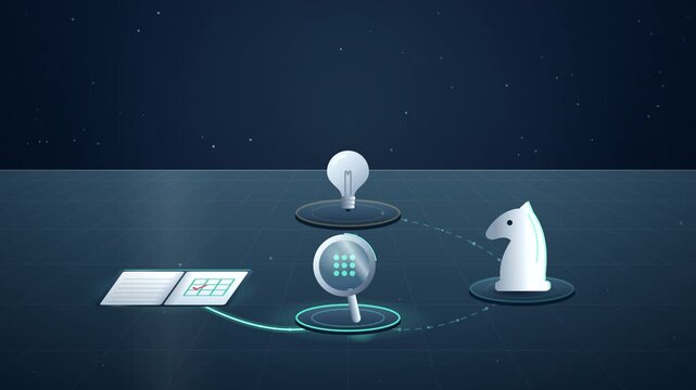 Glowing path connecting notebook, magnifying glass, chess knight and light bulb on a dark desk, deduction and reasoning concept, flat vector animation, 4K loop