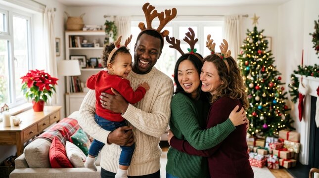 Happy multiethnic family in reindeer antler headbands embracing in a bright living room, a father holding a toddler and two women hugging warmly. Decorated Christmas tree and poinsettia in the