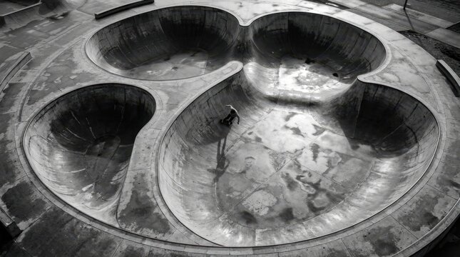 Black and white aerial view of a lone skater in a large circular concrete bowl with reflective surfaces, soft high contrast lighting. Horizontal composition, abstract urban sports mood, realistic