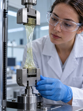 A woman scientist in safety glasses and blue gloves tests a transparent material in a laboratory tensile testing machine.