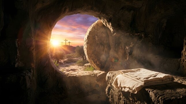 Empty tomb with rolled stone and sunrise with three distant crosses
