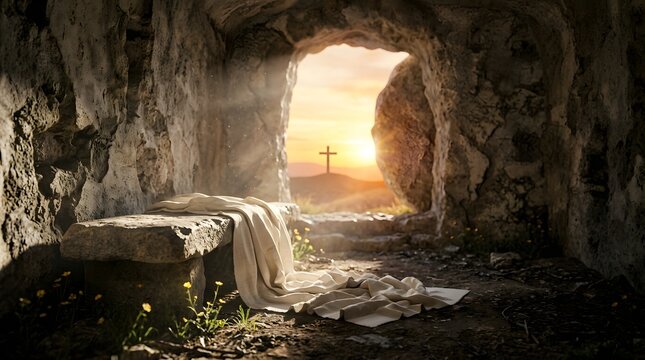 Empty tomb with white cloth inside a stone cave at sunrise featuring a distant cross on a hill