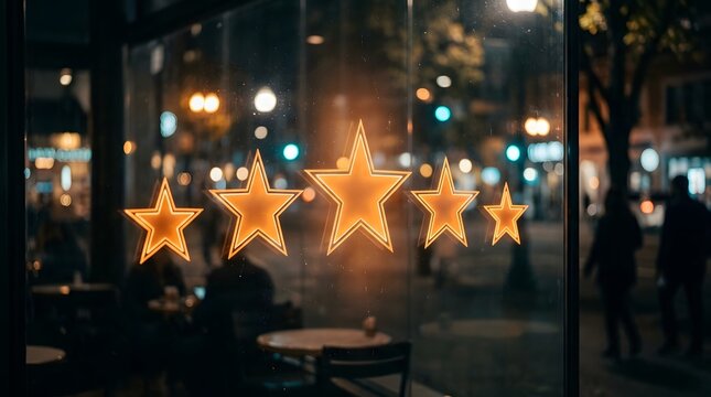 Five glowing stars on glass window at night with city street bokeh