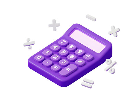 3d purple calculator with floating math symbols isolated on transparent background