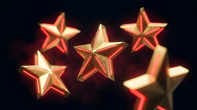 Five golden stars featuring glowing red neon lights floating in dark space
