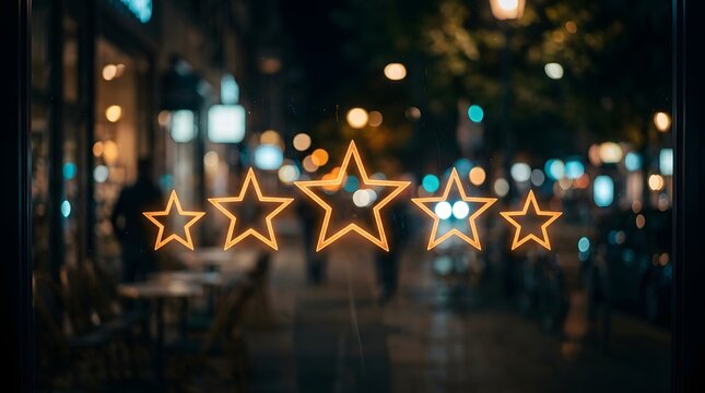 Five glowing stars on glass window overlooking city street at night