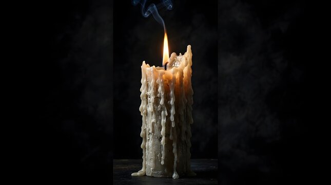 A beautiful view of melting candles with smoke on dark background for spiritual meditation concepts