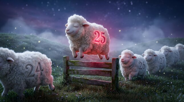 Fluffy sheep jumping over a rustic wooden fence at night with glowing numbers under a starry sky