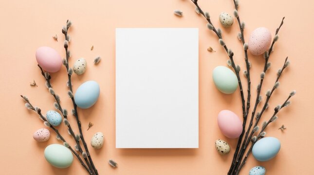 Blank card with Easter eggs and pussy willow branches on peach background, spring flat lay photography. A white vertical card sits centered on a soft peach surface, flanked by dark pussy willow twigs