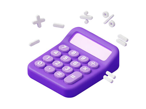 3d purple calculator with floating math symbols isolated on transparent background