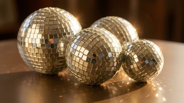 Four golden reflective mirror balls resting on a dark surface glowing softly