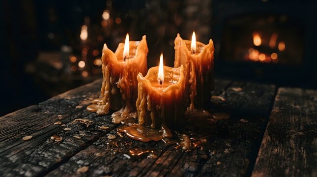 Three burning melting candles with smoke on dark background creating a moody and atmospheric scene