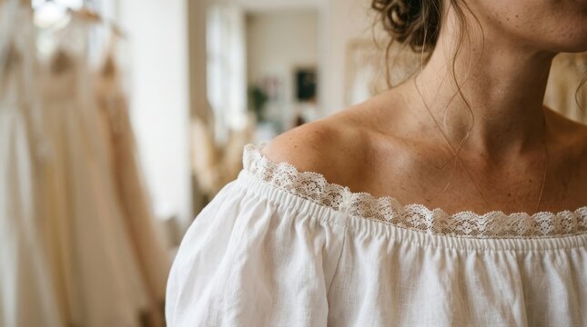 Close-up detail of a woman's shoulder and collarbone in a white off the shoulder linen blouse with puffed sleeves and delicate lace trim, warm soft skin tones, creamy blurred background. Soft natural