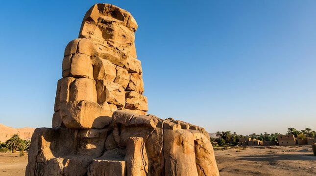 Ancient stone statue monument in desert landscape under blue sky