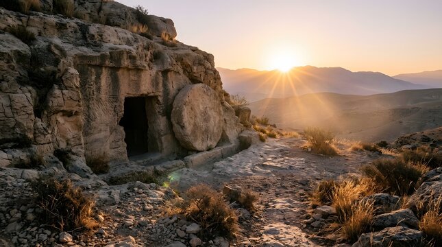 Ancient rock tomb with round stone door opened at sunrise in desert