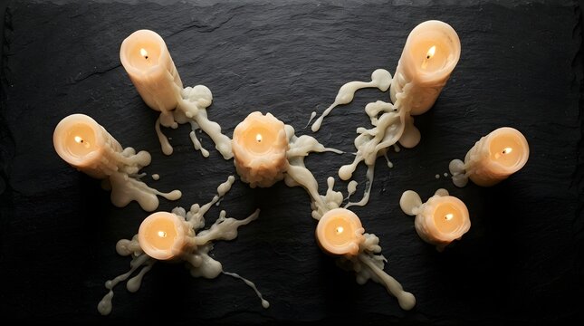 Top view of multiple melting candles with smoke on dark background creating a moody atmosphere
