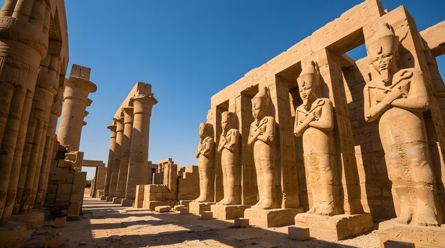 Ancient stone statues and tall pillars standing in sunny temple ruins