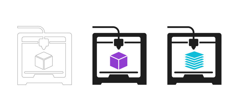 3D printer icon set, additive manufacturing symbols in outline and solid styles, rapid prototyping equipment vector icons for industrial design .