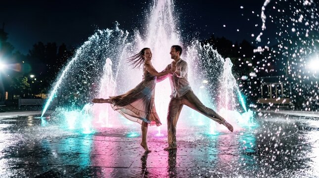 Two dancers performing among glowing water jets in a nighttime fountain with sparkling droplets, colorful pink, cyan and white lights, and wet clothing. Dark background, long exposure sparkle, joyful