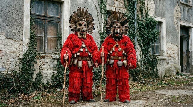 Two performers in red fringed costumes with bells, feathered animal masks and wooden staffs standing before a weathered gray building with old windows and green ivy. Folk ritual atmosphere, saturated