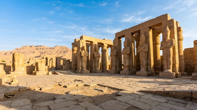 Ancient temple ruins with massive stone statues and tall pillars