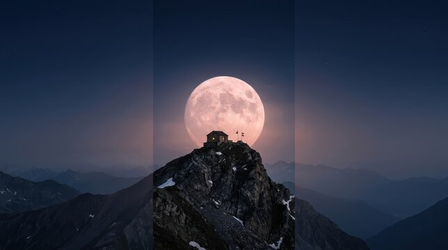 Moon rising behind a mountain peak with a small hut and flags, night landscape. A dark rocky summit carries a tiny cabin and two flags, with a large pale pink moon behind it in a deep navy sky.