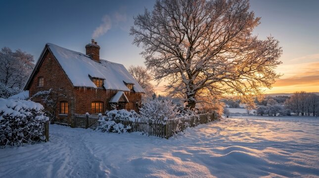 Snow-covered cottage and frosted tree at golden hour, winter countryside photography. A brick house with a heavy white roof stands beside a large glowing bare tree and fenced shrubs, under a deep blue