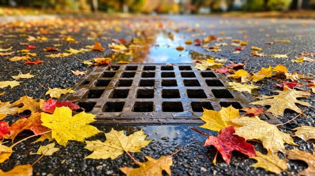 A close up view of a fallen leaves gutter on an autumn street with water puddles and wet colorful maple foliage surrounding the metal storm drain after rain, underscoring the autumn leaves