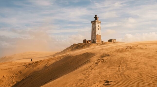 Rubjerg Knude style lighthouse on windswept orange sand dune, a white and brown lighthouse stands on a golden dune ridge while blowing sand creates a warm haze. A tiny distant hiker adds scale.