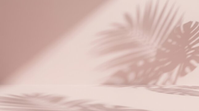 Pale pink wall with soft palm leaf shadows, minimalist product backdrop. A smooth blush pink studio wall and floor with diagonal blurred tropical leaf shadows cast across the surface. Soft diffused