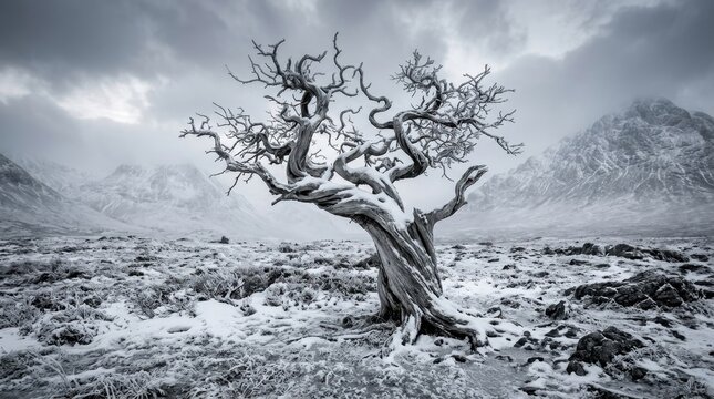 Twisted snow-covered tree in winter wilderness, a gnarled bare silvery tree with dramatic curling branches stands over frosted ground. Distant gray mountains and overcast sky create a moody backdrop.