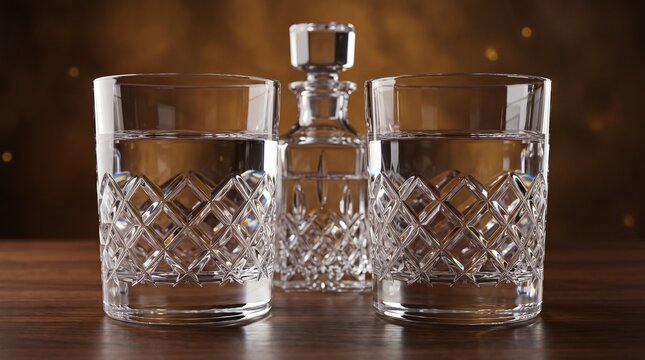 Vintage crystal glassware set with decanter and tumblers, luxury barware for spirits on wooden table, elegant cut glass drinkware isolated PNG with Transparent Background