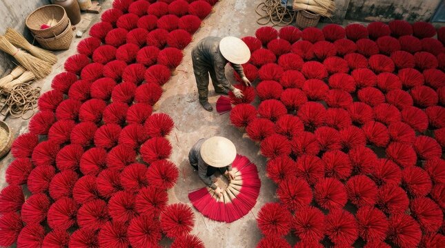 Vietnamese workers among red incense sticks, aerial documentary photography. Two people in conical hats kneel between fans of bright red sticks drying on the ground, creating a vivid sea of color.