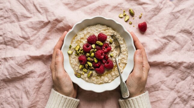 Bowl of porridge with raspberries and pistachios on pink linen, overhead food photography. Hands hold a scalloped white bowl of creamy oats topped with berries, nuts and a spoon, resting on crumpled