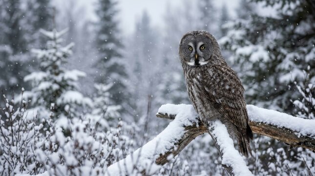 Great gray owl sitting in falling snow, wildlife photography. A large brown-gray owl with yellow eyes stands beside a snow-covered branch, with white snowdrifts in the foreground and blurred winter