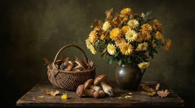 Yellow chrysanthemum bouquet with wild mushrooms, vintage still life painting style. Golden flowers rise from a dark vase on a wooden table beside a woven basket and cluster of porcini mushrooms.