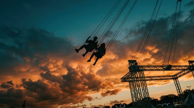Two people on a tall swing ride silhouetted high in the air against a dramatic teal sky and glowing orange clouds. Long chains stretch upward, a metal tower stands at lower right, low angle view,