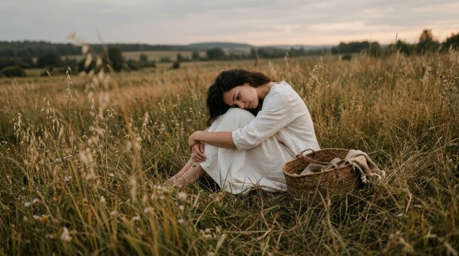Young woman resting her head on her knees in a tall grass meadow at dusk, wearing a loose white linen dress, a woven basket beside her, muted overcast sky. Warm earthy tones, soft film grain, wide