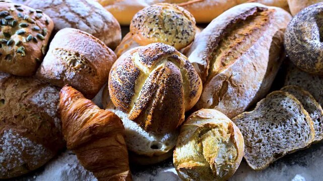 Assorted bakery products including loaves of bread and rolls