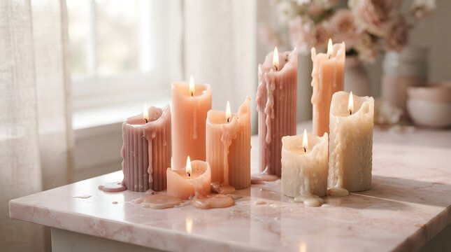 Beautiful group of melting candles with smoke on dark background creating a cozy home atmosphere