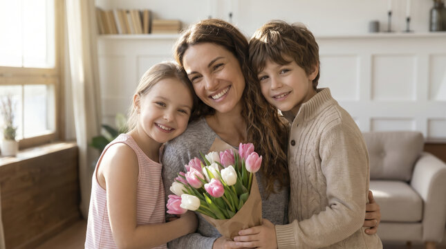 Cheerful Caucasian woman cuddles daughter and son holding flower bouquet. Loving parent enjoys heartwarming portrait with smiling offspring, sharing tender family moment in living room.