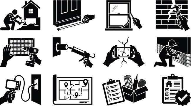 Home pest proofing and rodent exclusion vector icons set with foundation inspection caulking door sweep sealing