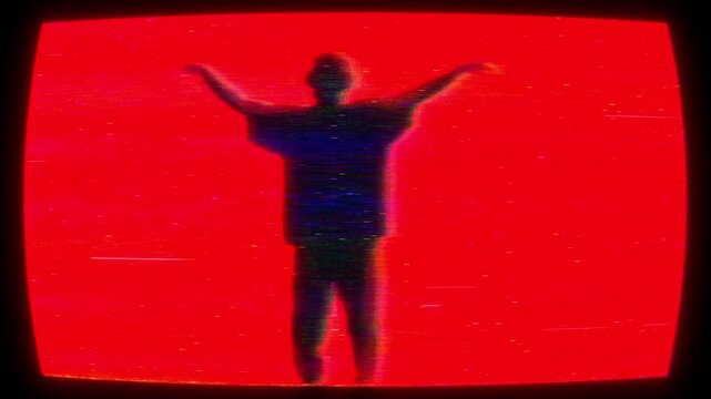 Retro VHS Glitch Silhouette on CRT Monitor, Vintage Red Video Static Background, Analog Distortion Footage