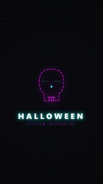 Neon halloween skull illustration animates purple and cyan typography, perfect for party invitations, social posts, promotional graphics, and seasonal campaigns.