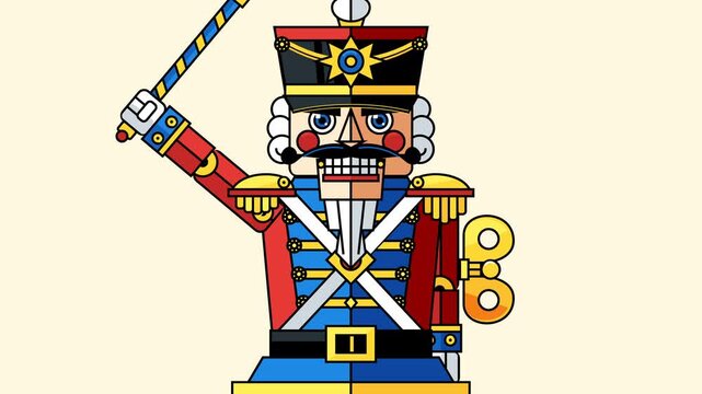 Animated toy soldier nutcracker raising scepter on light background